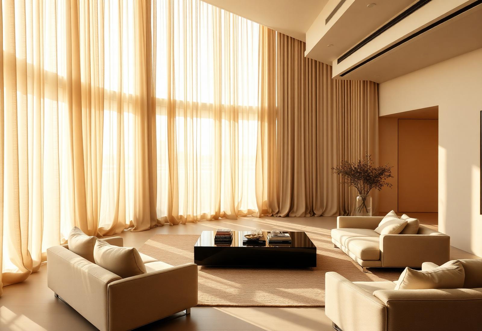 Sheer linen curtains filtering golden sunlight in a modern Melbourne living room